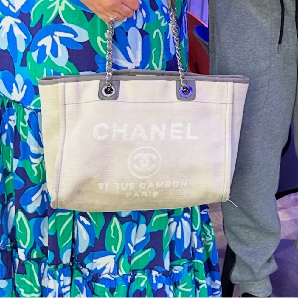 Authentic Chanel Deauville small tote, grey color, good used condition.